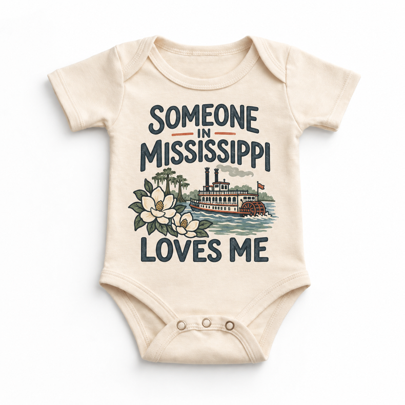 Someone in Mississippi Loves Me design on a natural beige baby bodysuit