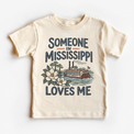 Someone in Mississippi Loves Me design on a natural beige short sleeve T-shirt
