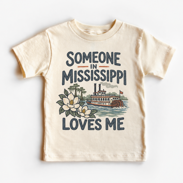 Someone in Mississippi Loves Me design on a natural beige short sleeve T-shirt