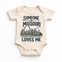 Someone in Missouri Loves Me design on a natural beige baby bodysuit