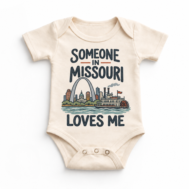 Someone in Missouri Loves Me design on a natural beige baby bodysuit