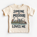 Someone in Missouri Loves Me design on a natural beige short sleeve T-shirt