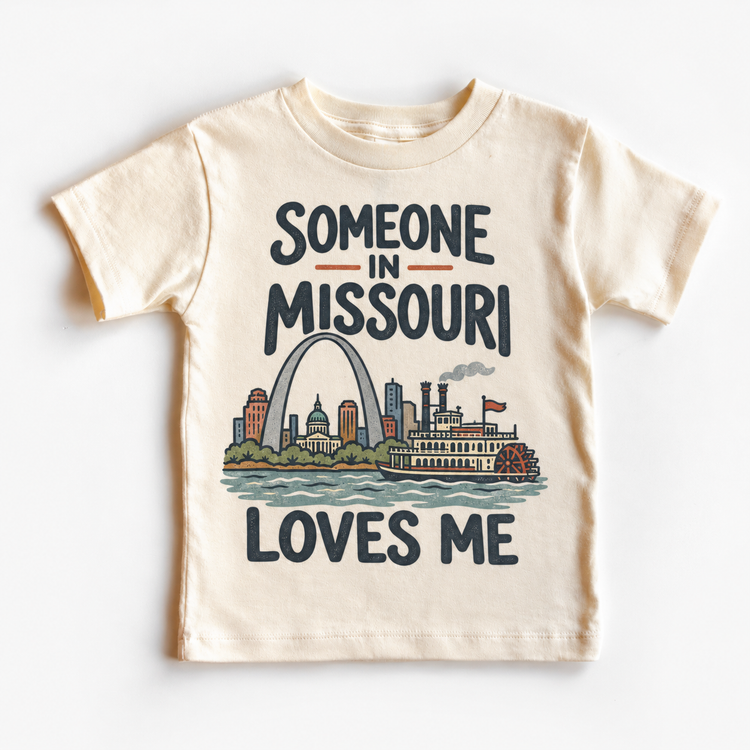 Someone in Missouri Loves Me design on a natural beige short sleeve T-shirt