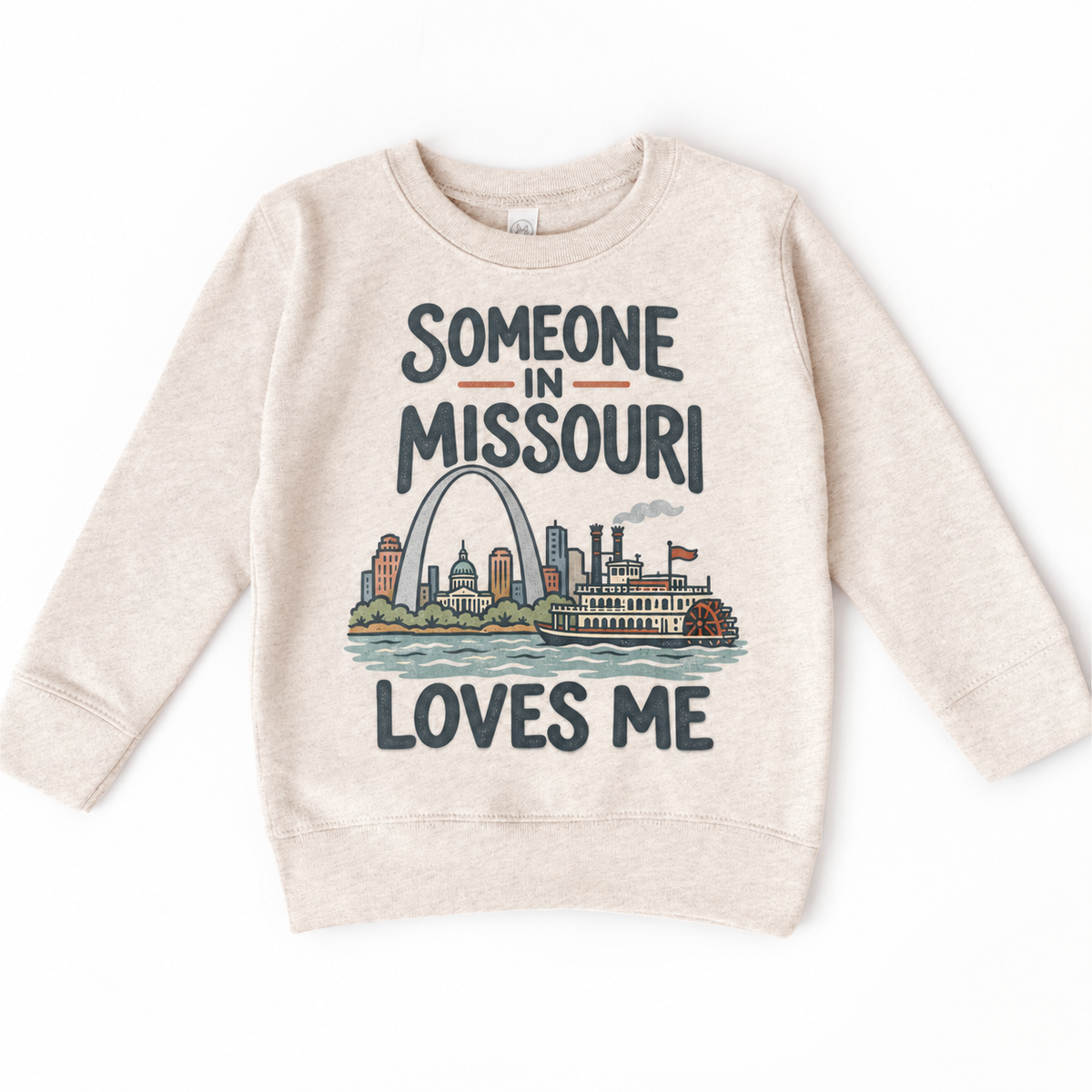 Someone in Missouri Loves Me design on a natural beige sweatshirt