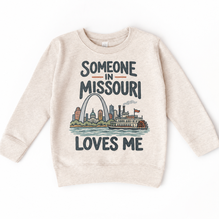 Someone in Missouri Loves Me design on a natural beige sweatshirt