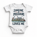 Someone in Missouri Loves Me design on a white baby bodysuit