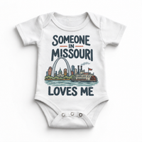 Someone in Missouri Loves Me design on a white baby bodysuit