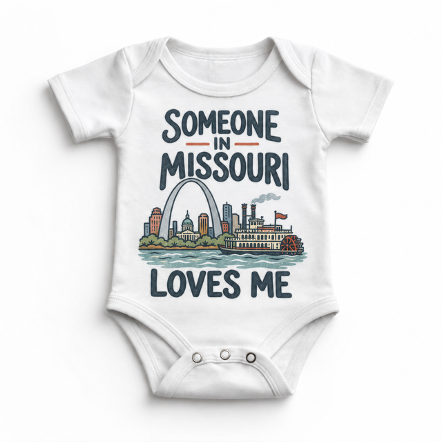 Someone in Missouri Loves Me design on a white baby bodysuit