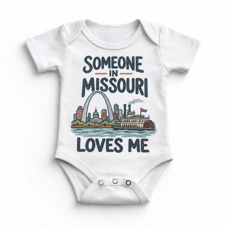 Someone in Missouri Loves Me design on a white baby bodysuit