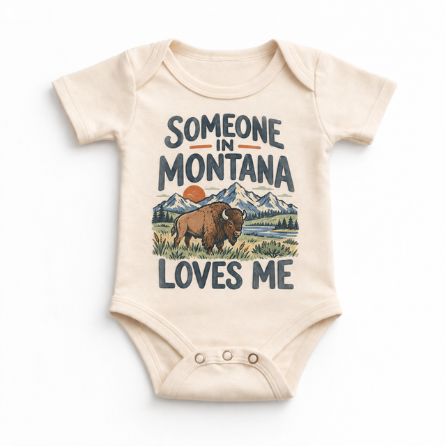 Someone in Montana Loves Me design on a natural beige baby bodysuit