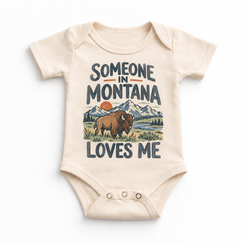 Someone in Montana Loves Me design on a natural beige baby bodysuit