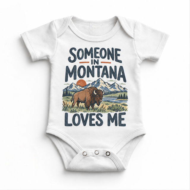 Someone in Montana Loves Me design on a white baby bodysuit