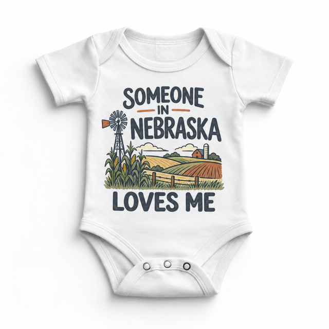 Someone in Nebraska Loves Me design on a white baby bodysuit