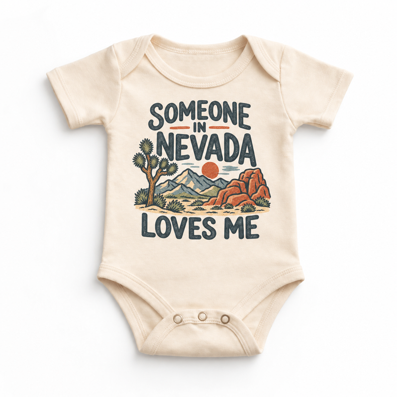 Someone in Nevada Loves Me design on a natural beige baby bodysuit