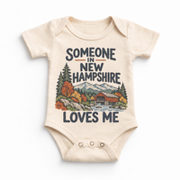 Someone in New Hampshire Loves Me design on a natural beige baby bodysuit
