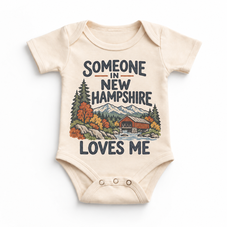 Someone in New Hampshire Loves Me design on a natural beige baby bodysuit