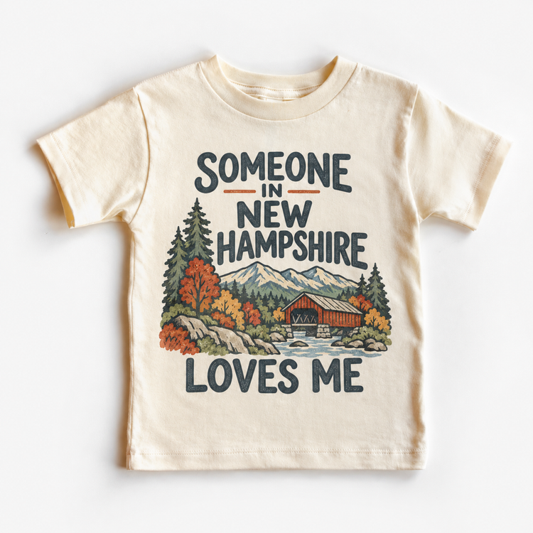 Someone in New Hampshire Loves Me design on a natural beige short sleeve T-shirt