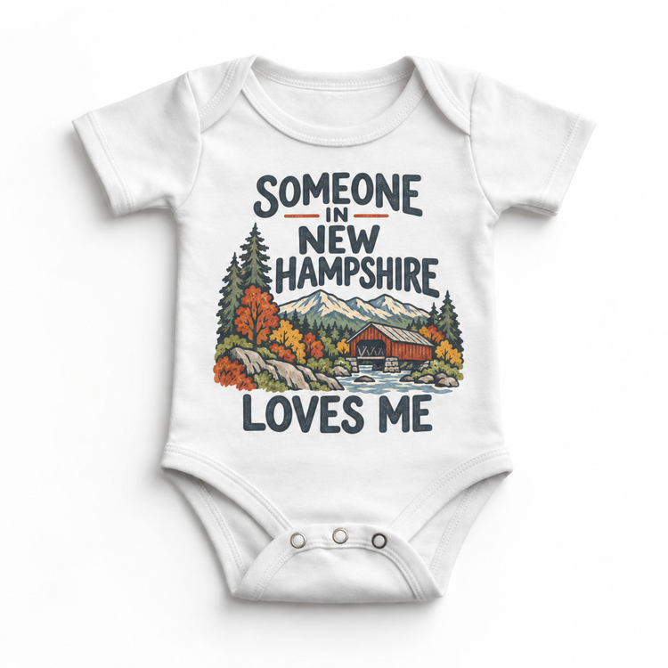 Someone in New Hampshire Loves Me design on a white baby bodysuit