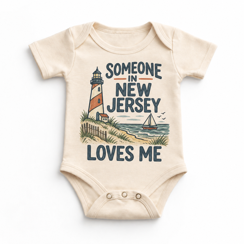 Someone in New Jersey Loves Me design on a natural beige baby bodysuit