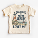 Someone in New Jersey Loves Me design on a natural beige short sleeve T-shirt