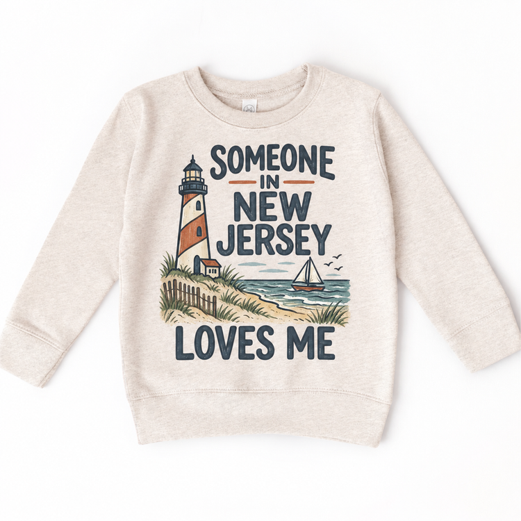 Someone in New Jersey Loves Me design on a natural beige sweatshirt
