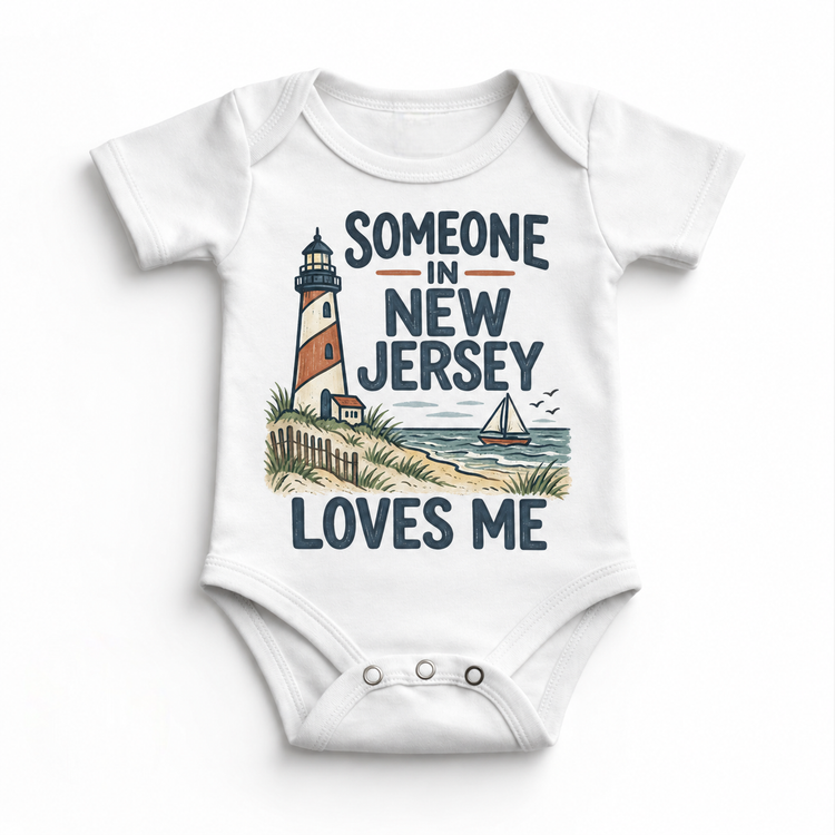 Someone in New Jersey Loves Me design on a white baby bodysuit