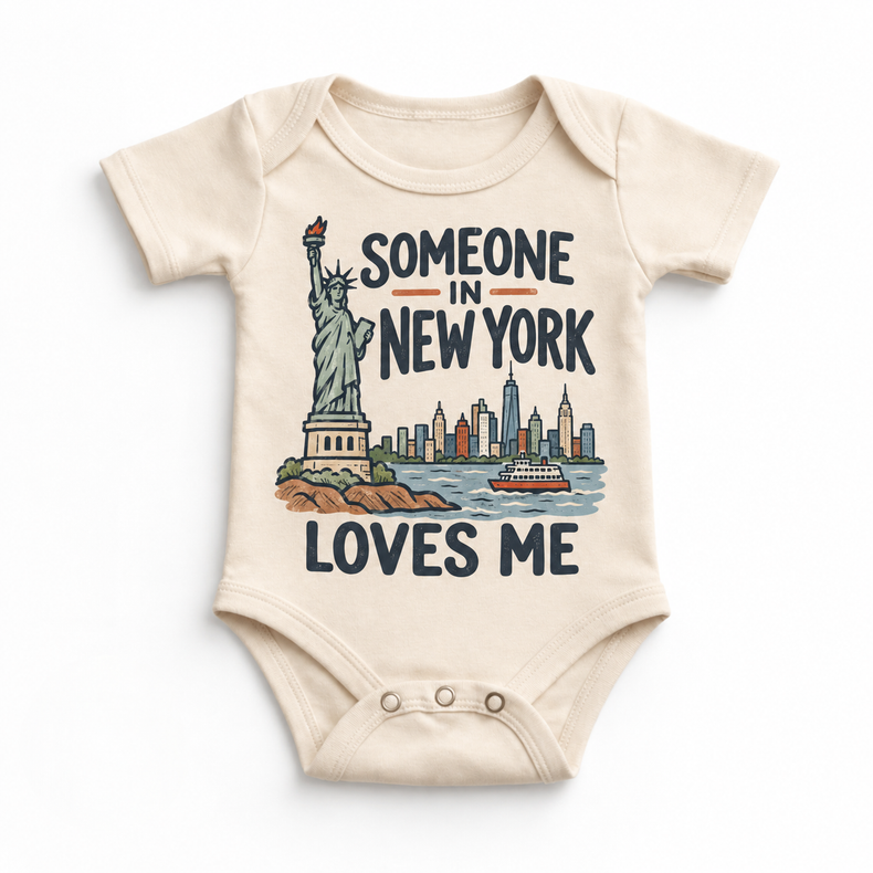 Someone in New York Loves Me design on a natural beige baby bodysuit