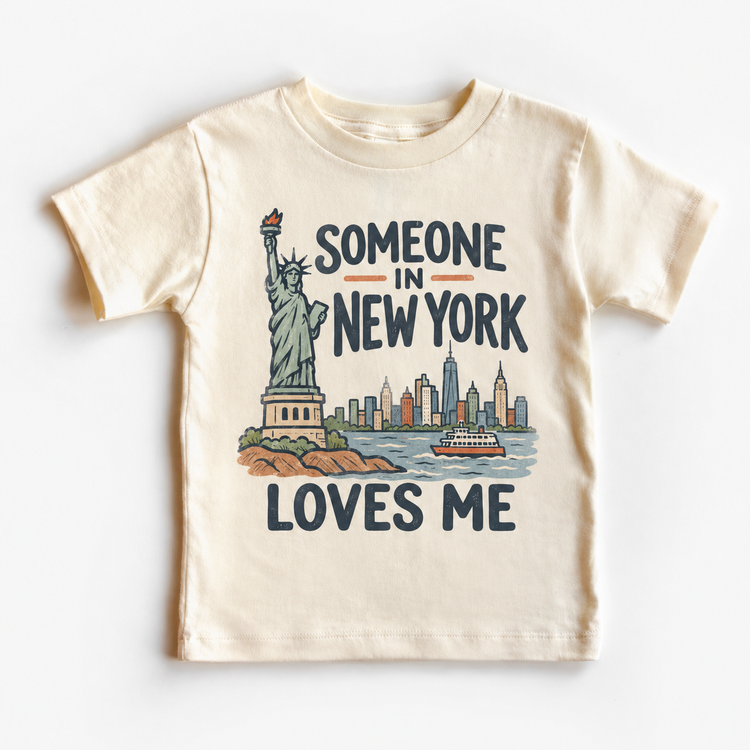 Someone in New York Loves Me design on a natural beige short sleeve T-shirt