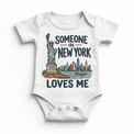Someone in New York Loves Me design on a white baby bodysuit
