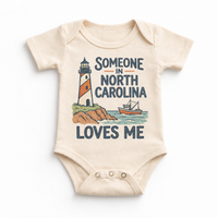 Someone in North Carolina Loves Me design on a natural beige baby bodysuit