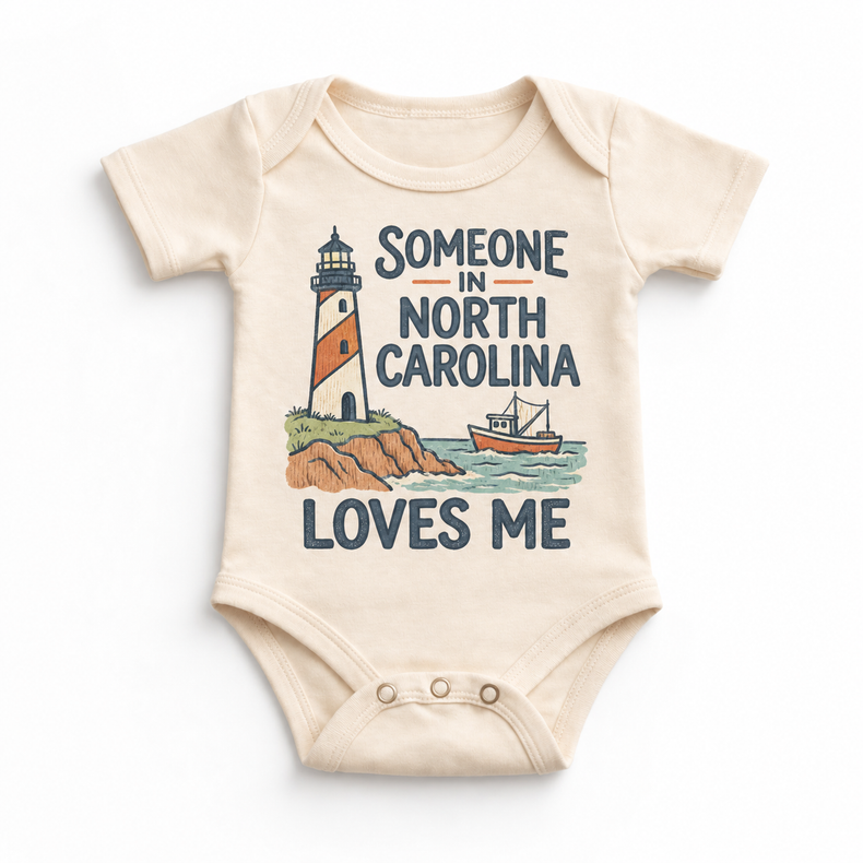 Someone in North Carolina Loves Me design on a natural beige baby bodysuit