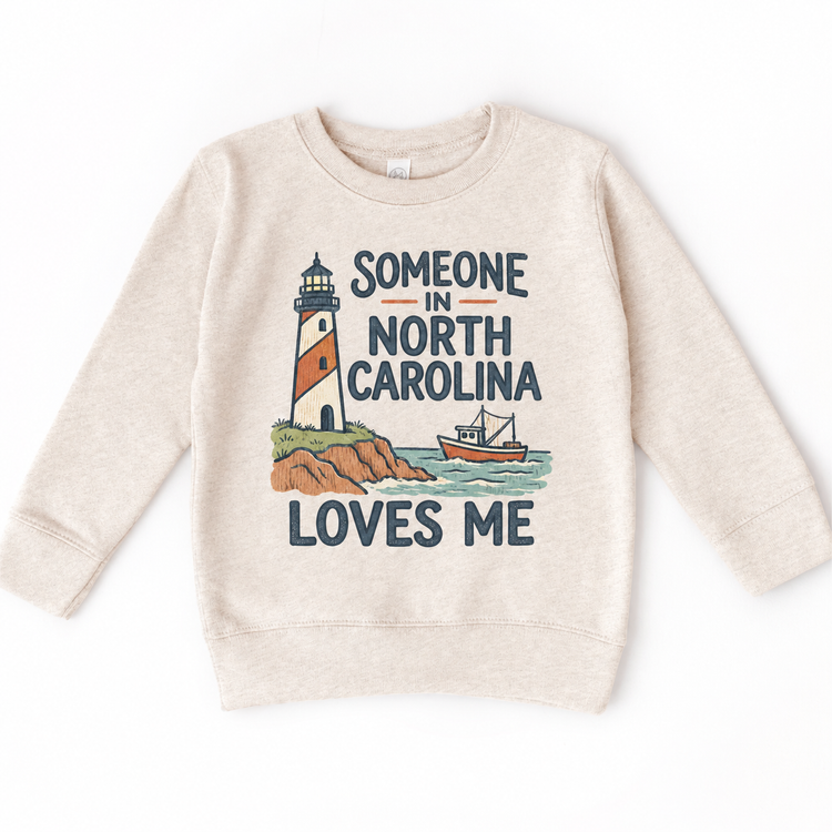 Someone in North Carolina Loves Me design on a natural beige sweatshirt