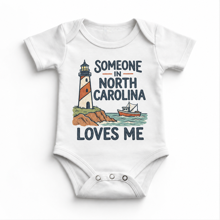 Someone in North Carolina Loves Me design on a white baby bodysuit