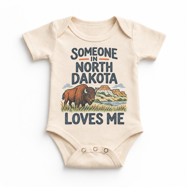 Someone in North Dakota Loves Me design on a natural beige baby bodysuit