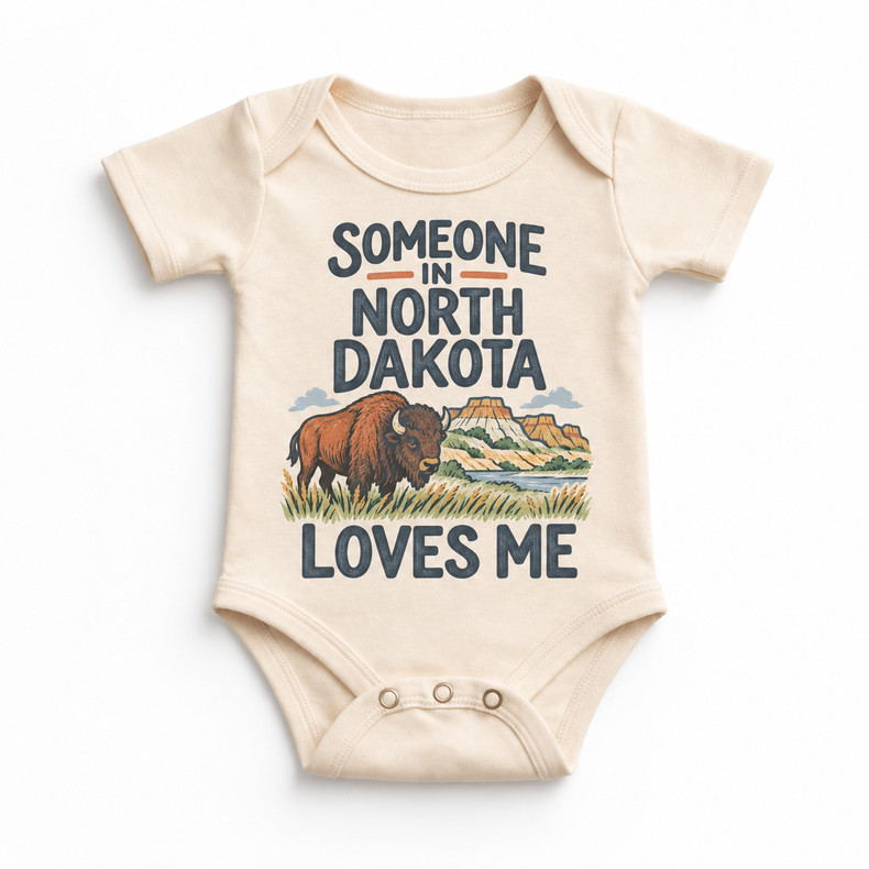 Someone in North Dakota Loves Me design on a natural beige baby bodysuit
