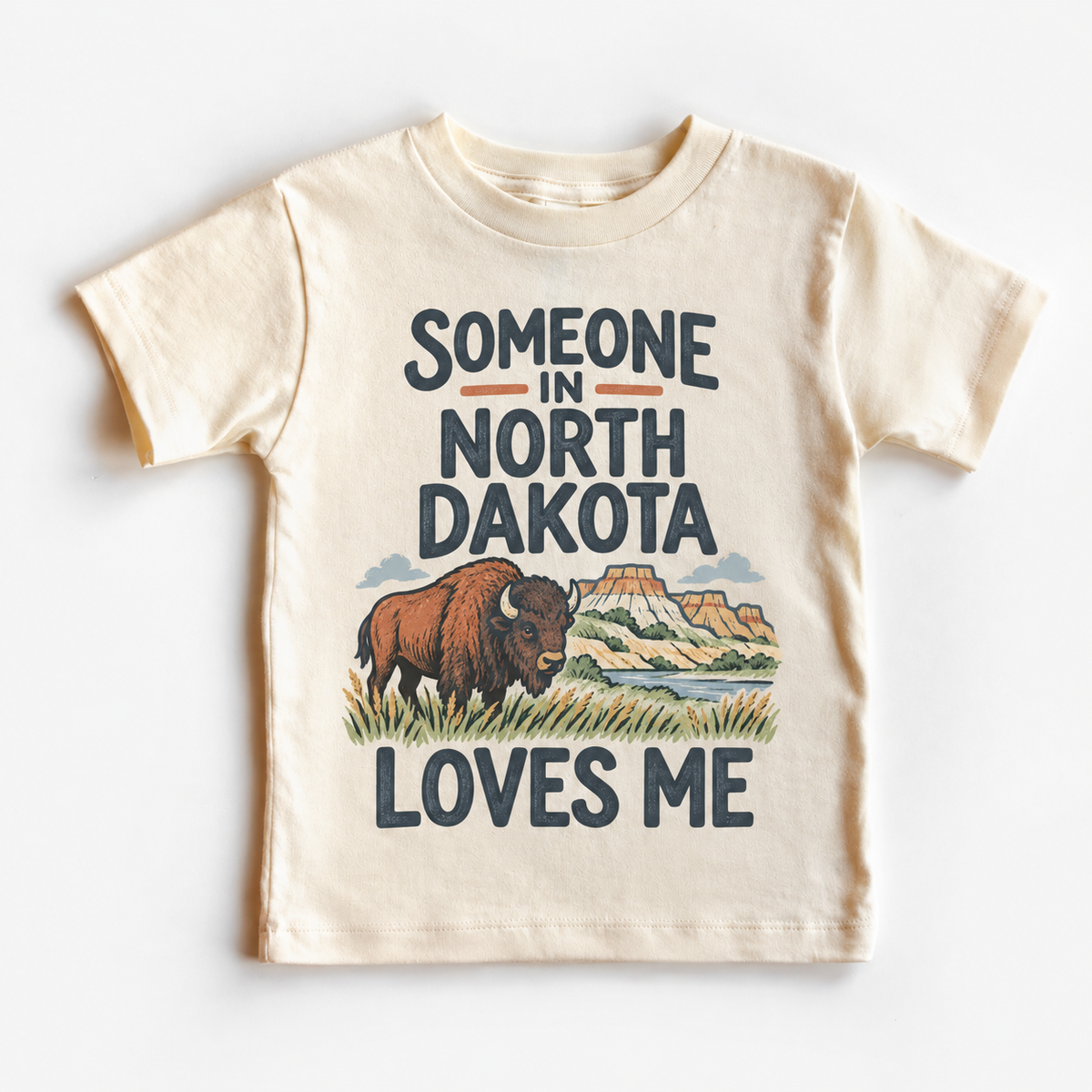 Someone in North Dakota Loves Me design on a natural beige short sleeve T-shirt