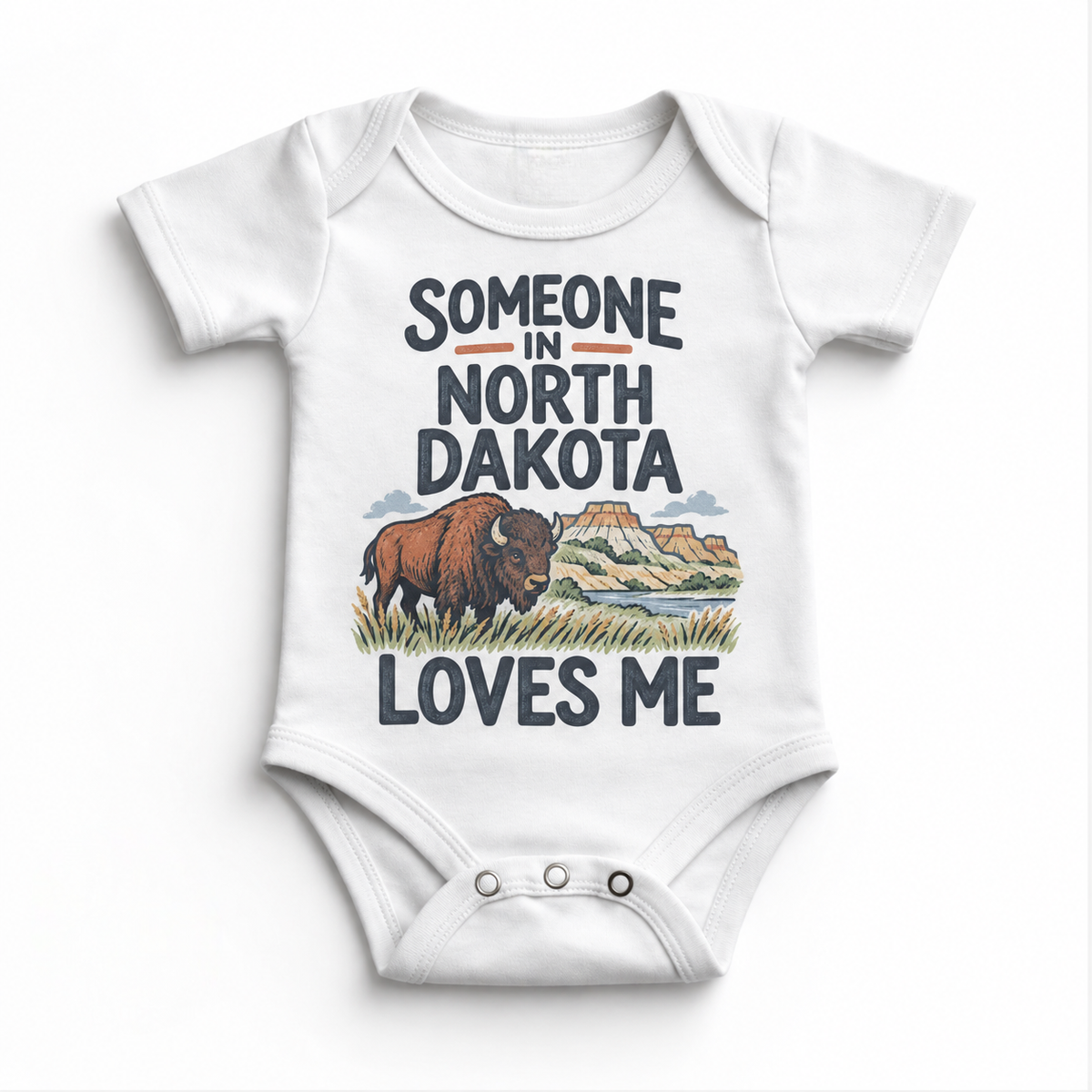 Someone in North Dakota Loves Me design on a white baby bodysuit