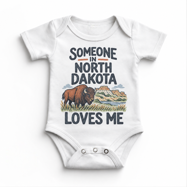 Someone in North Dakota Loves Me design on a white baby bodysuit