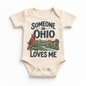 Someone in Ohio Loves Me design on a natural beige baby bodysuit