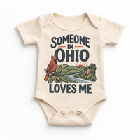 Someone in Ohio Loves Me design on a natural beige baby bodysuit