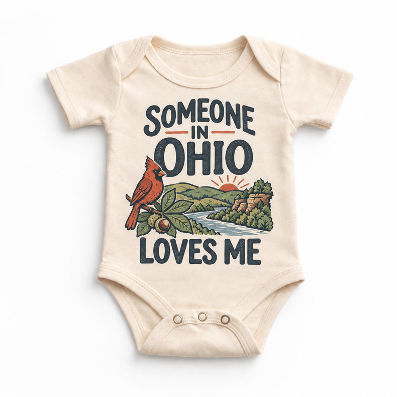Someone in Ohio Loves Me design on a natural beige baby bodysuit