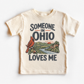Someone in Ohio Loves Me design on a natural beige short sleeve T-shirt