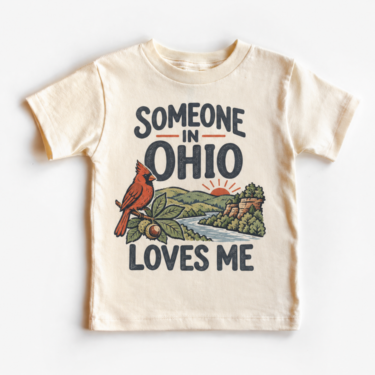 Someone in Ohio Loves Me design on a natural beige short sleeve T-shirt