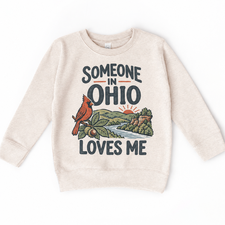 Someone in Ohio Loves Me design on a natural beige sweatshirt