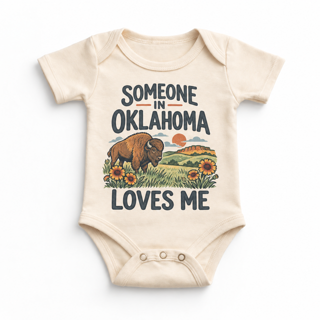 Someone in Oklahoma Loves Me design on a natural beige baby bodysuit