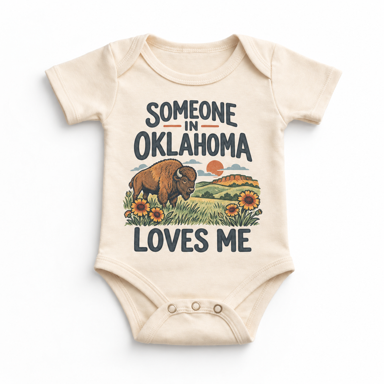 Someone in Oklahoma Loves Me design on a natural beige baby bodysuit
