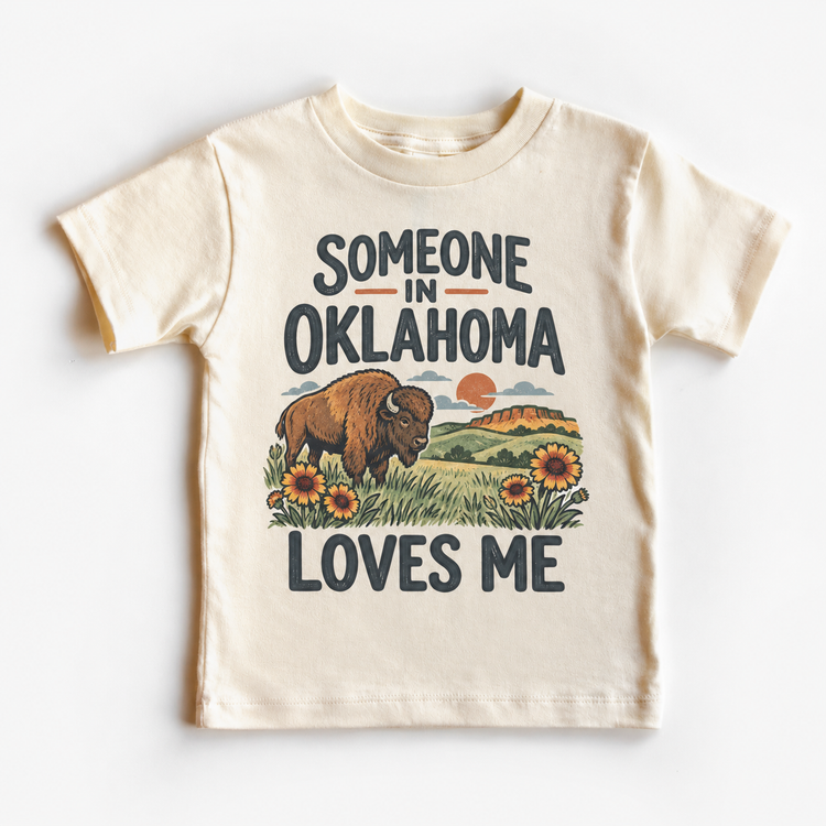 Someone in Oklahoma Loves Me design on a natural beige short sleeve T-shirt