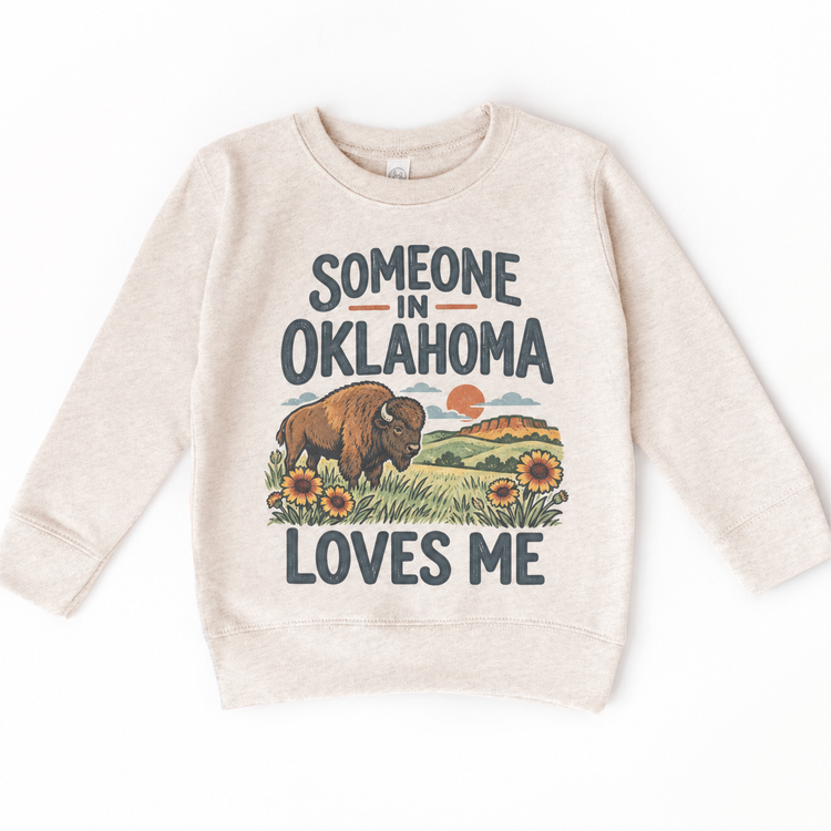Someone in Oklahoma Loves Me design on a natural beige sweatshirt