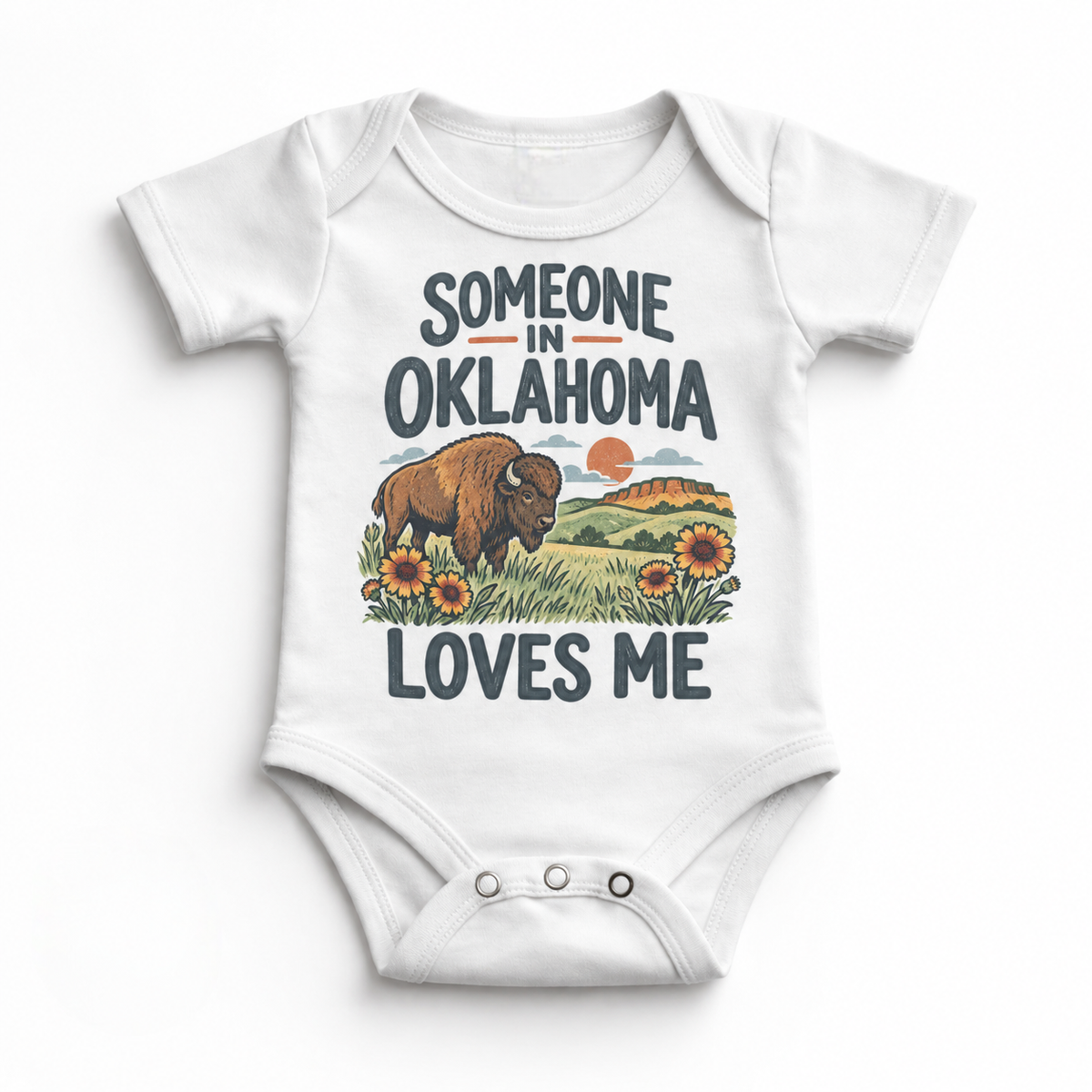 Someone in Oklahoma Loves Me design on a white baby bodysuit