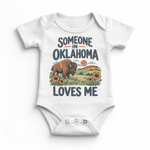 Someone in Oklahoma Loves Me design on a white baby bodysuit